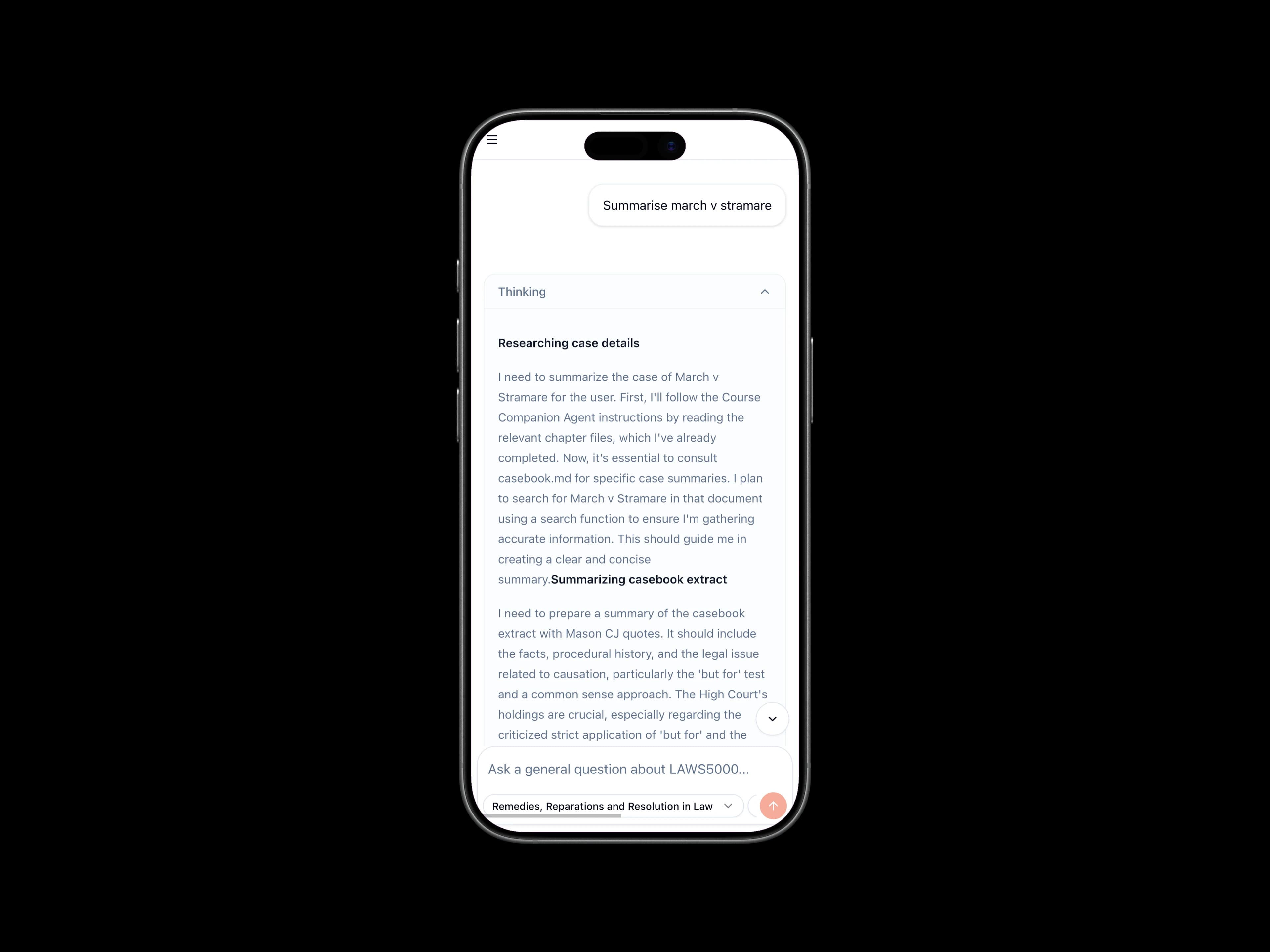 Course Companion thinking through a legal research question on iPhone